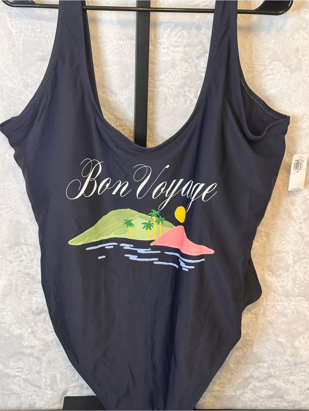 Old Navy Navy One-Piece Swimsuit with 'Bon Voyage' Tropical Print
